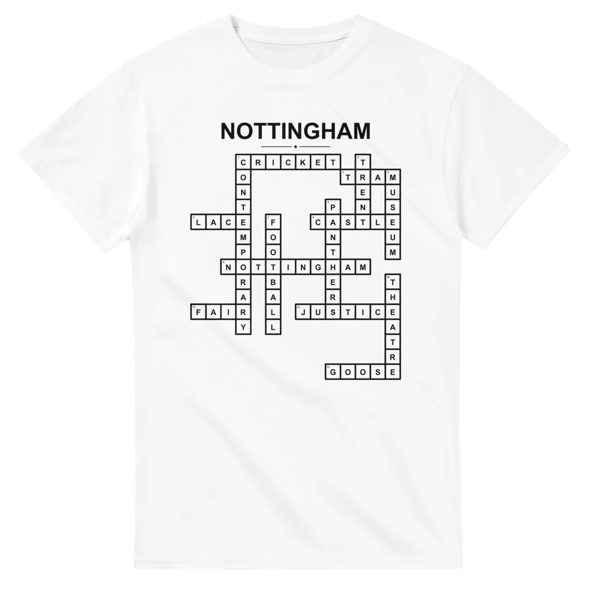 Monochrome crossword sheet for Nottingham, with a large place-name heading, a letter grid, and numbered across and down clues.