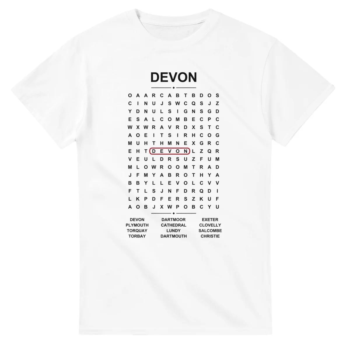 Word-search sheet for Devon, with a large place-name heading, a letter grid, a local answer list, and a red highlighted example word.