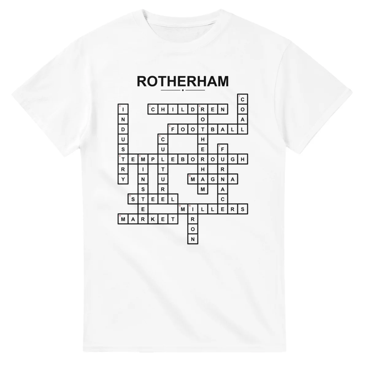 Monochrome crossword sheet for Rotherham, with a large place-name heading, a letter grid, and numbered across and down clues.