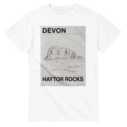 Fine-line engraving-style drawing for Devon, with a landmark caption and small coordinate text.