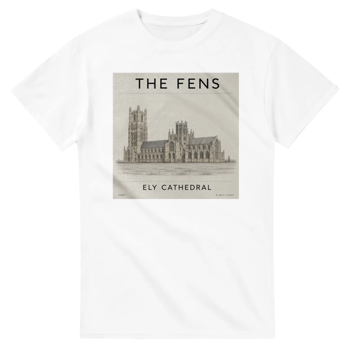 Fine-line engraving-style drawing for The Fens, with a landmark caption and small coordinate text.