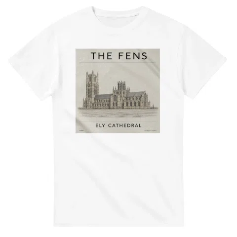 Fine-line engraving-style drawing for The Fens, with a landmark caption and small coordinate text.