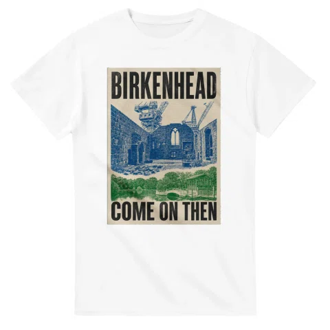 Two-colour scenic illustration for Birkenhead, with the place name and COME ON THEN lettering.