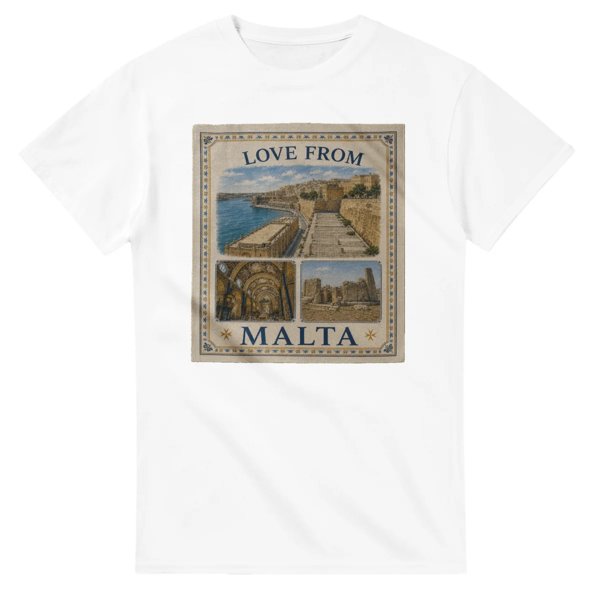 Framed scenic design for Malta, with several local views, a decorative border and LOVE FROM lettering.
