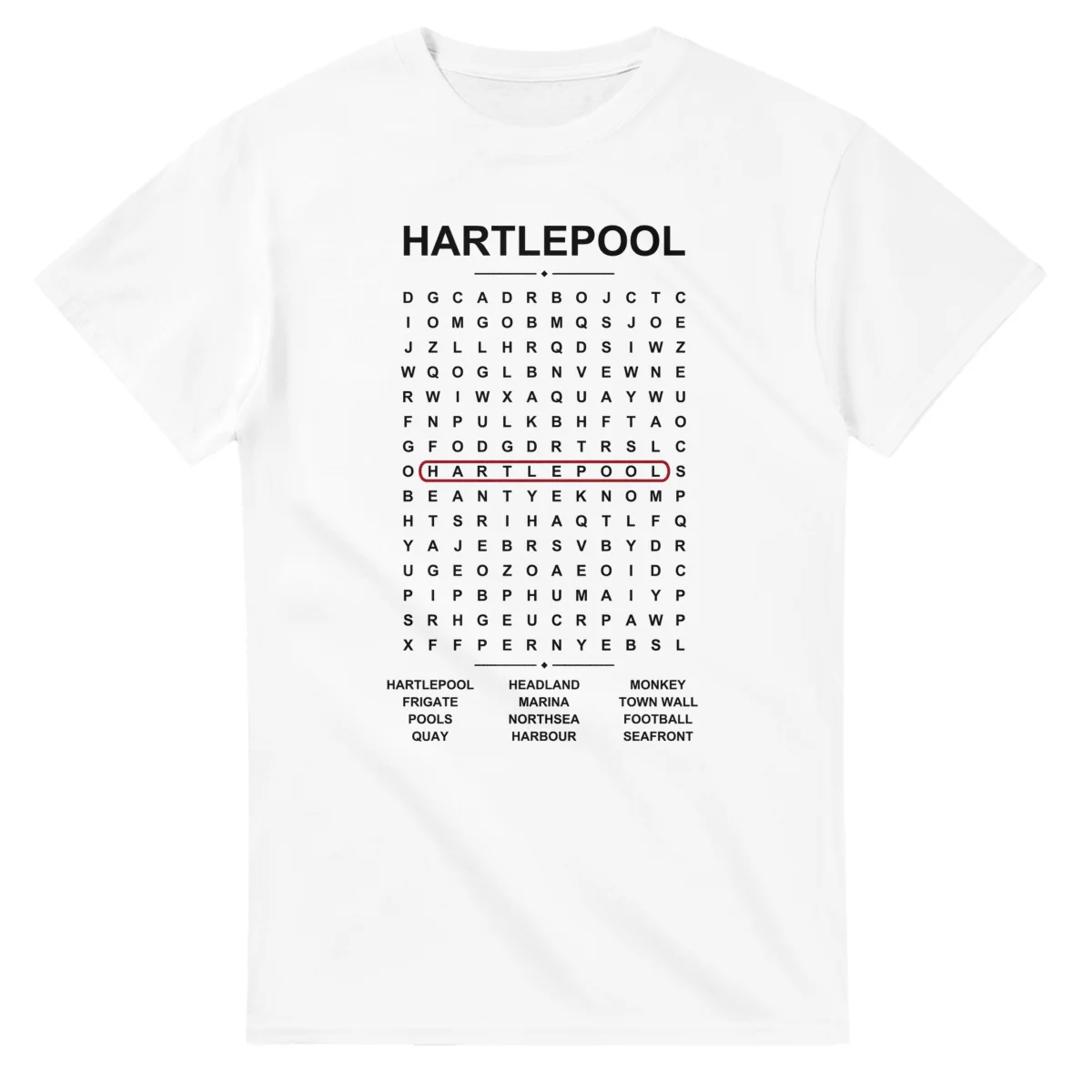 Word-search sheet for Hartlepool, with a large place-name heading, a letter grid, a local answer list, and a red highlighted example word.