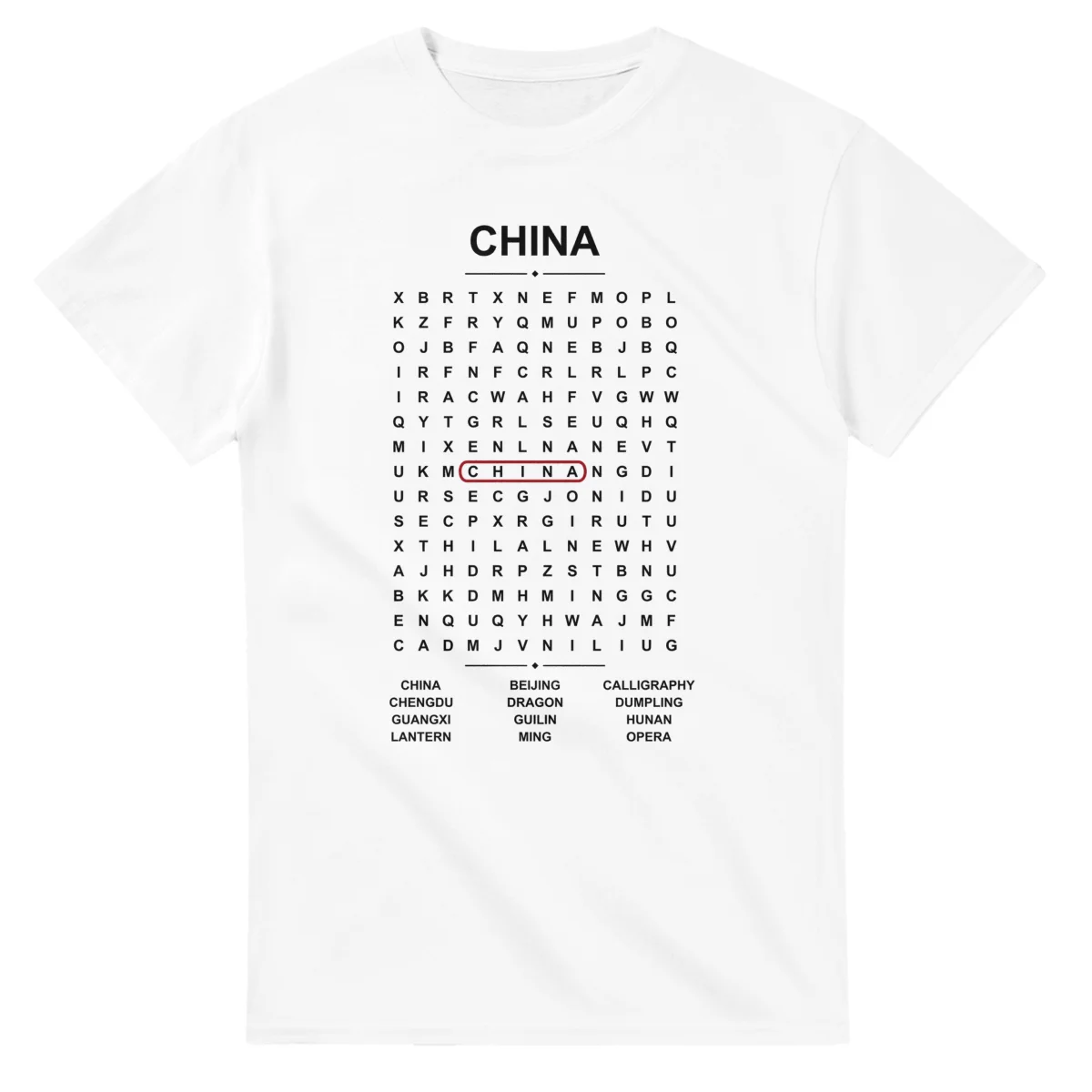 Word-search sheet for China, with a large place-name heading, a letter grid, a local answer list, and a red highlighted example word.