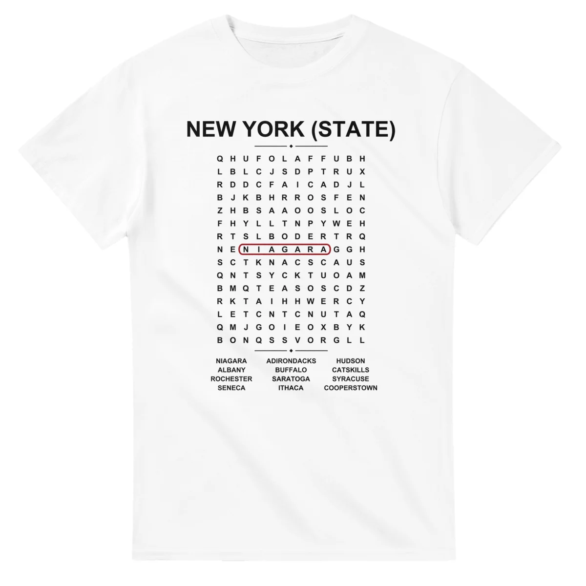 Word-search sheet for New York (state), with a large place-name heading, a letter grid, a local answer list, and a red highlighted example word.