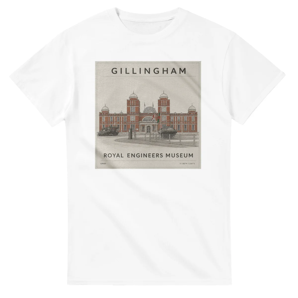 Fine-line engraving-style drawing for Gillingham, with a landmark caption and small coordinate text.
