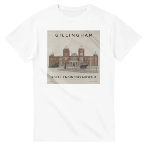 Fine-line engraving-style drawing for Gillingham, with a landmark caption and small coordinate text.