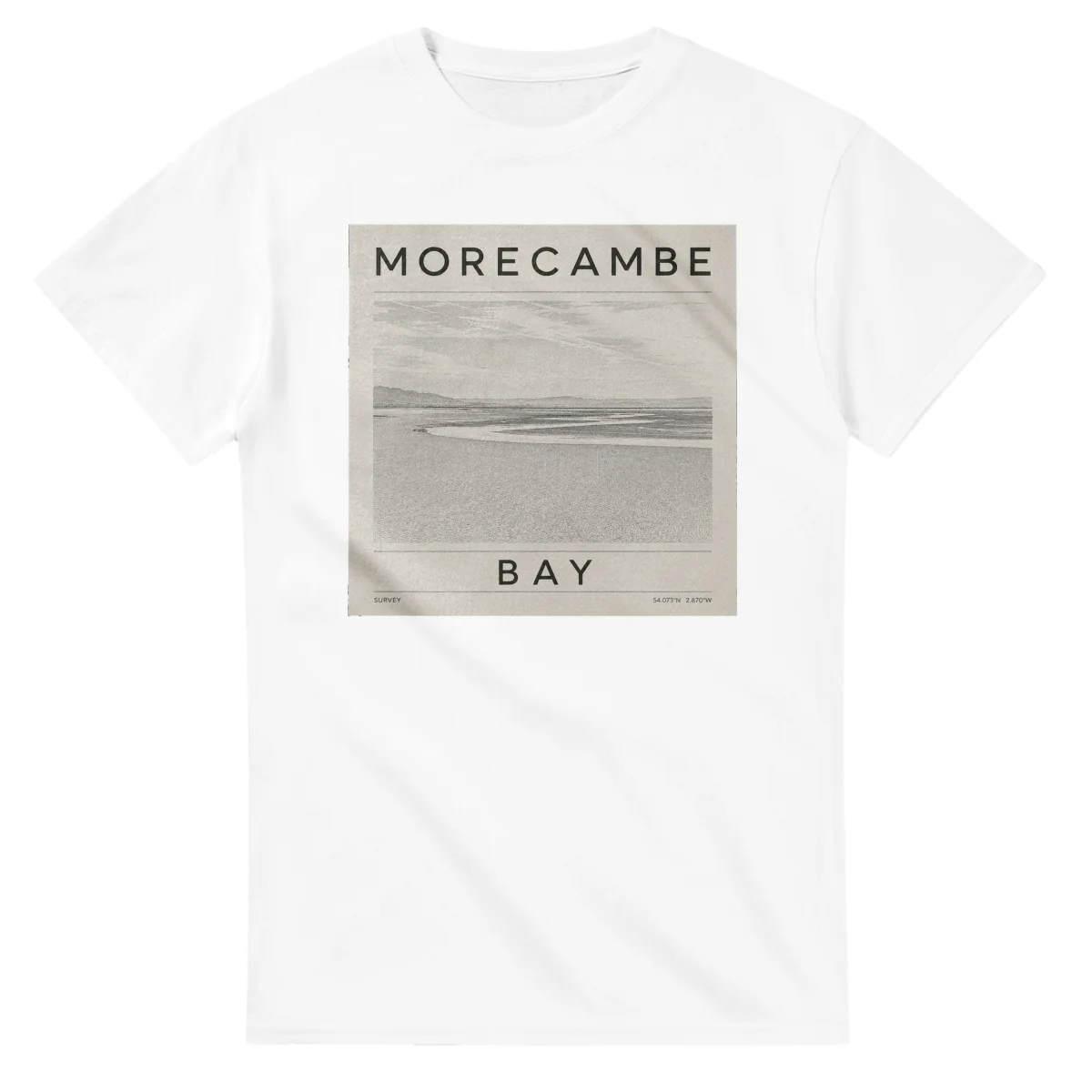 Fine-line engraving-style drawing for Morecambe, with a landmark caption and small coordinate text.