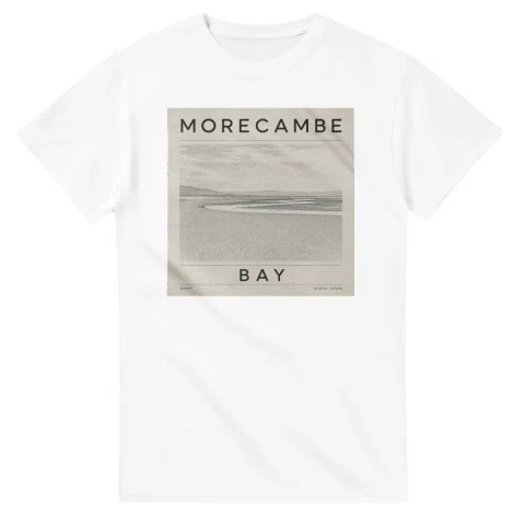 Fine-line engraving-style drawing for Morecambe, with a landmark caption and small coordinate text.