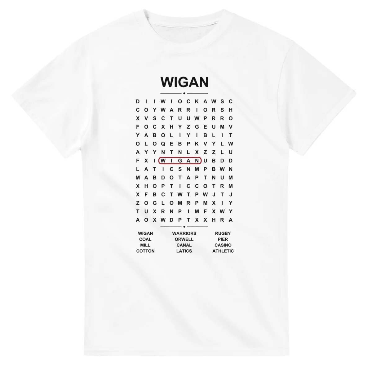 Word-search sheet for Wigan, with a large place-name heading, a letter grid, a local answer list, and a red highlighted example word.
