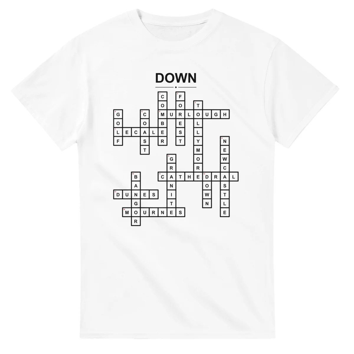 Monochrome crossword sheet for Down, with a large place-name heading, a letter grid, and numbered across and down clues.