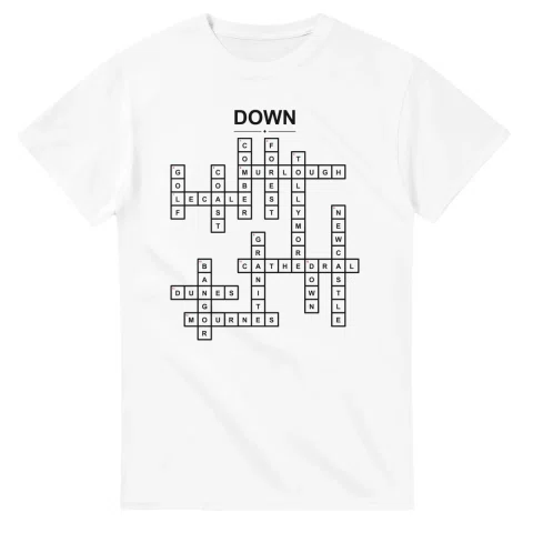 Monochrome crossword sheet for Down, with a large place-name heading, a letter grid, and numbered across and down clues.