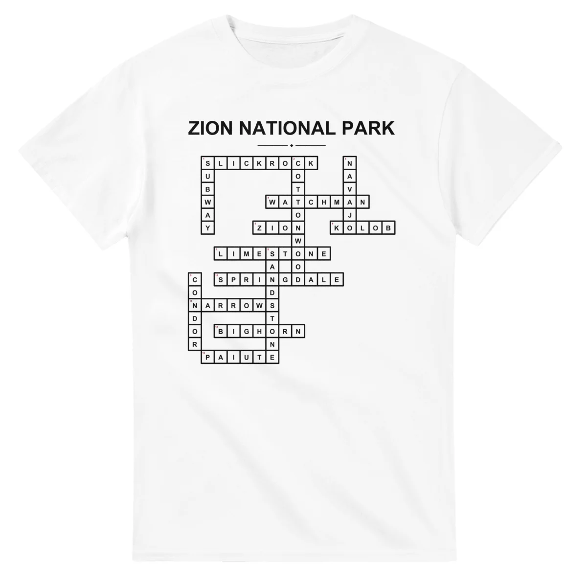 Monochrome crossword sheet for Zion National Park, with a large place-name heading, a letter grid, and numbered across and down clues.