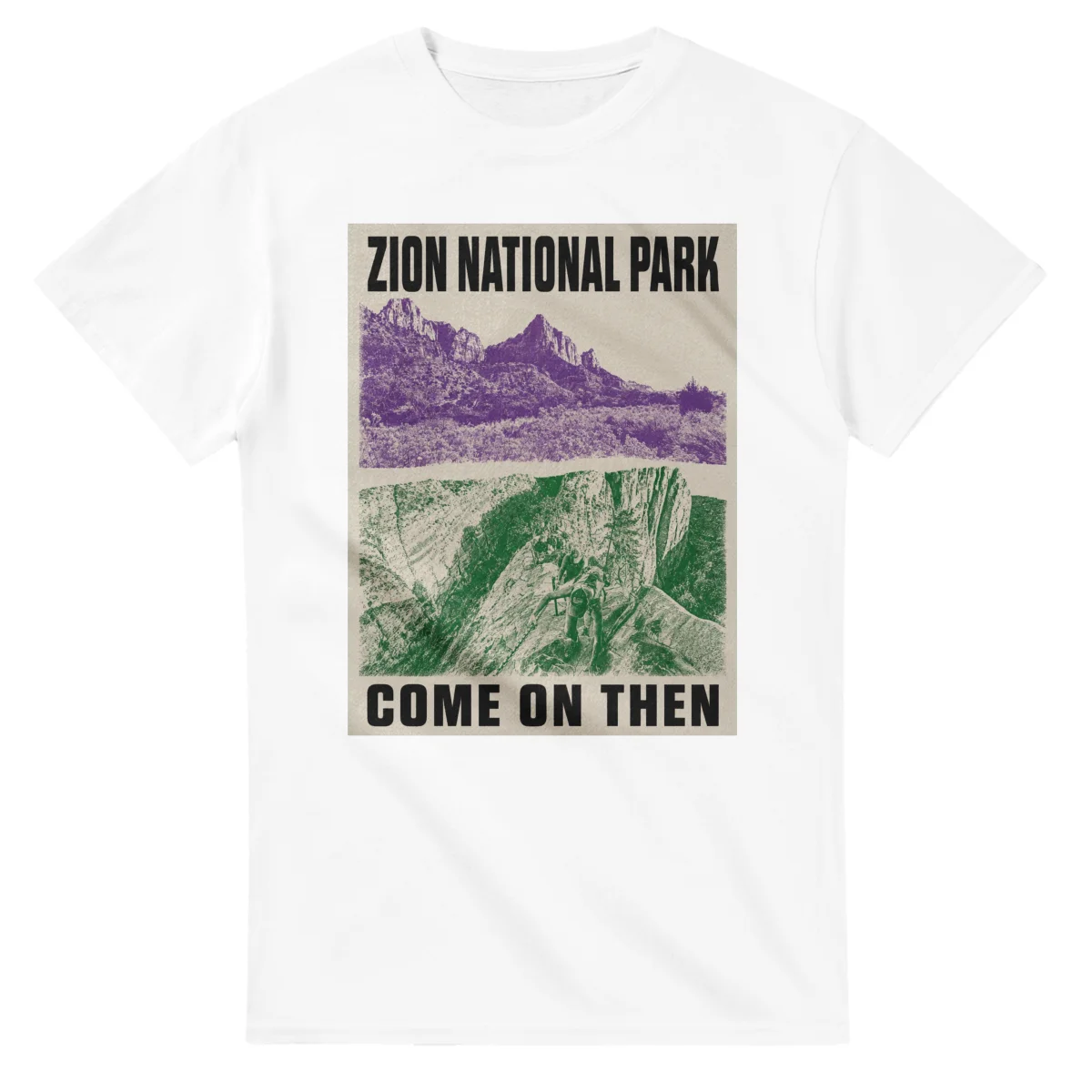 Two-colour scenic illustration for Zion National Park, with the place name and COME ON THEN lettering.
