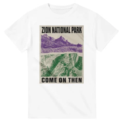 Two-colour scenic illustration for Zion National Park, with the place name and COME ON THEN lettering.