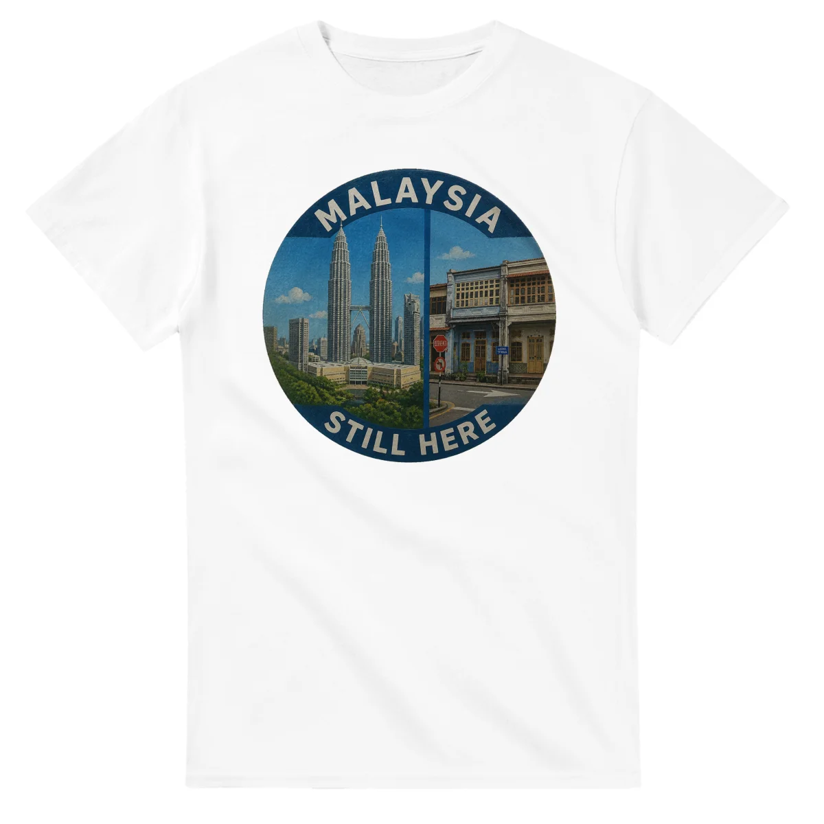 Painted, panelled scenic illustration for Malaysia, with paired local scenes and the place name in lettering.