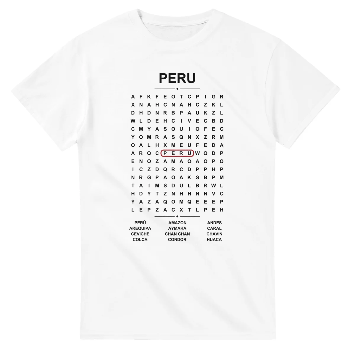 Word-search sheet for Peru, with a large place-name heading, a letter grid, a local answer list, and a red highlighted example word.