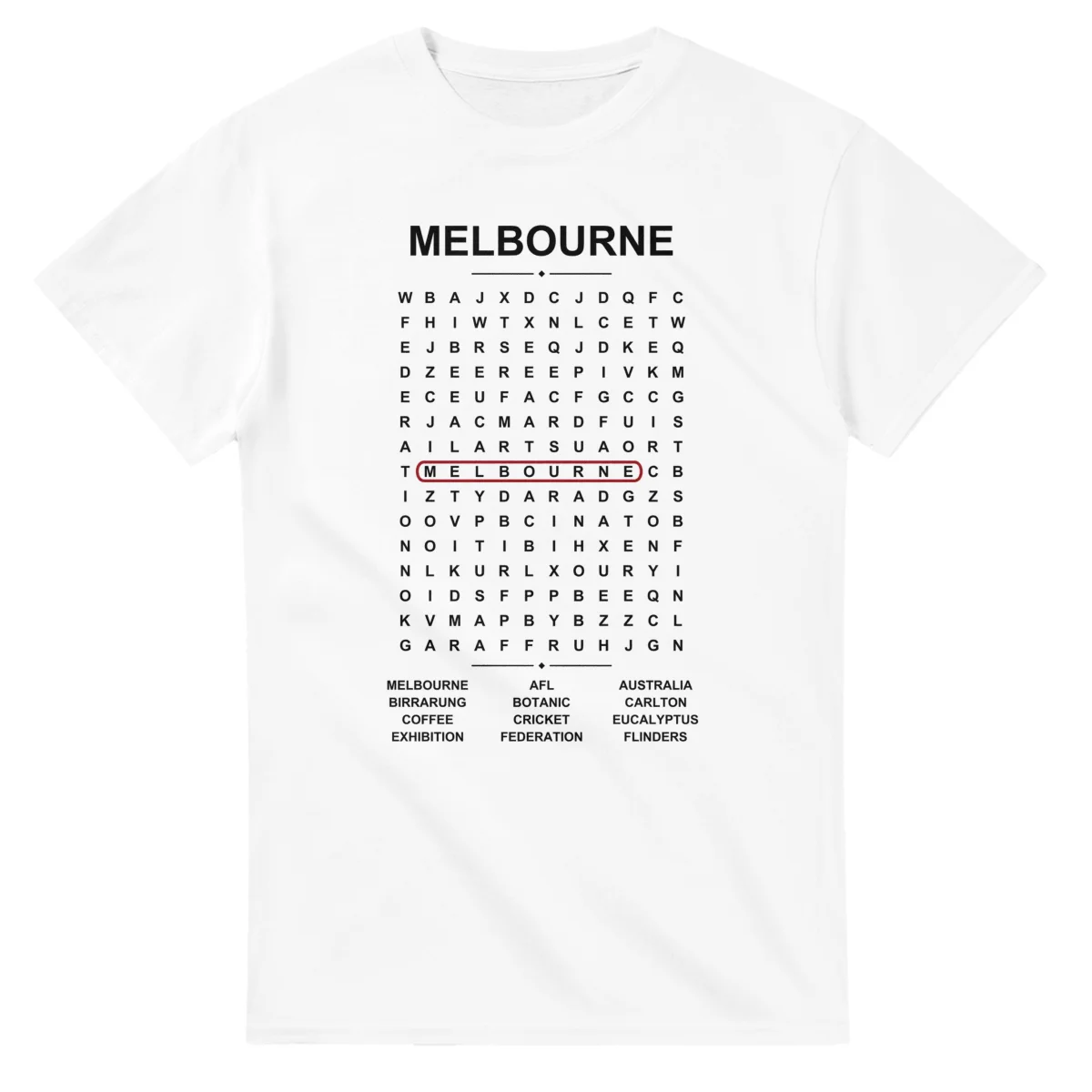 Word-search sheet for Melbourne, with a large place-name heading, a letter grid, a local answer list, and a red highlighted example word.
