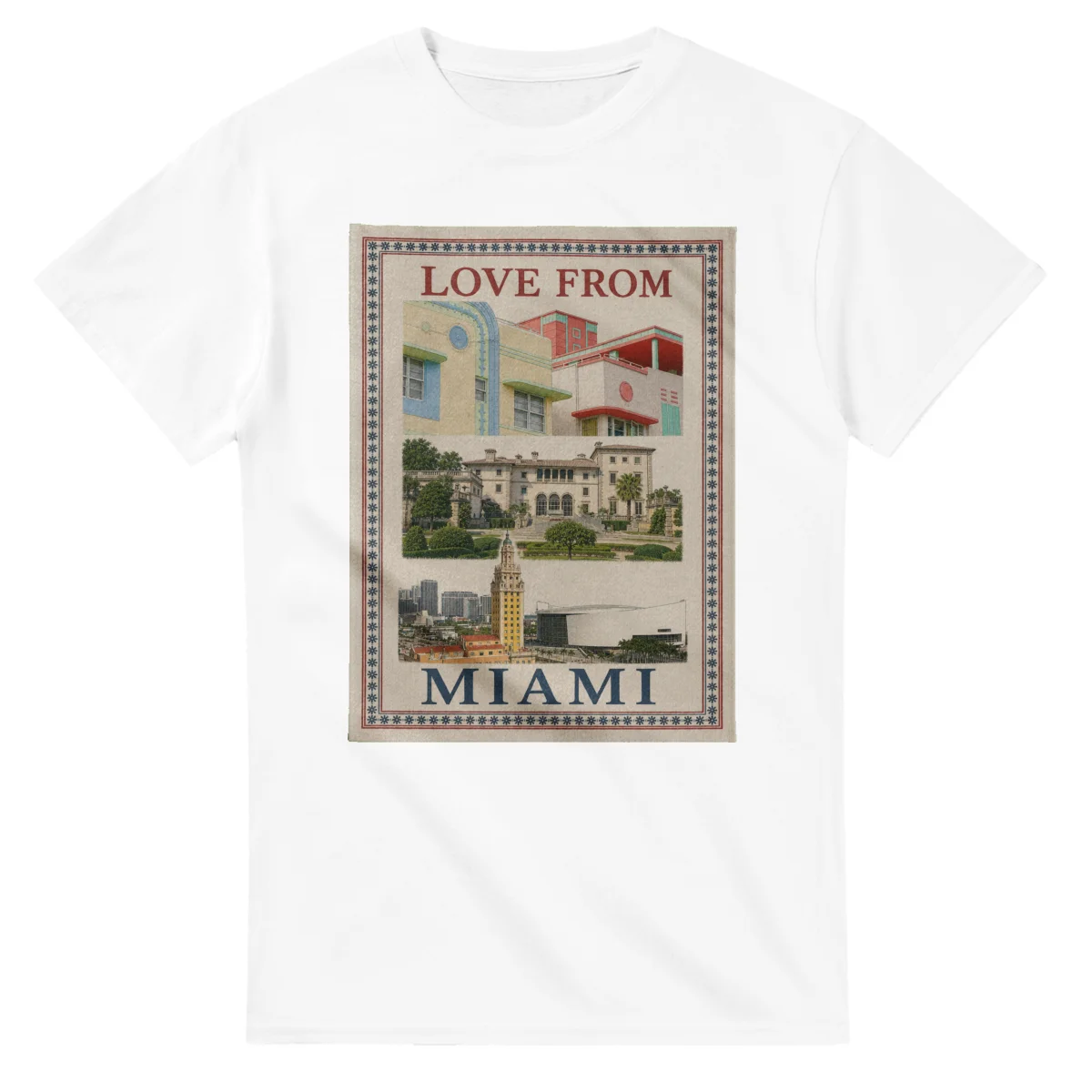 Framed scenic design for Miami, with several local views, a decorative border and LOVE FROM lettering.