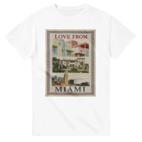 Framed scenic design for Miami, with several local views, a decorative border and LOVE FROM lettering.