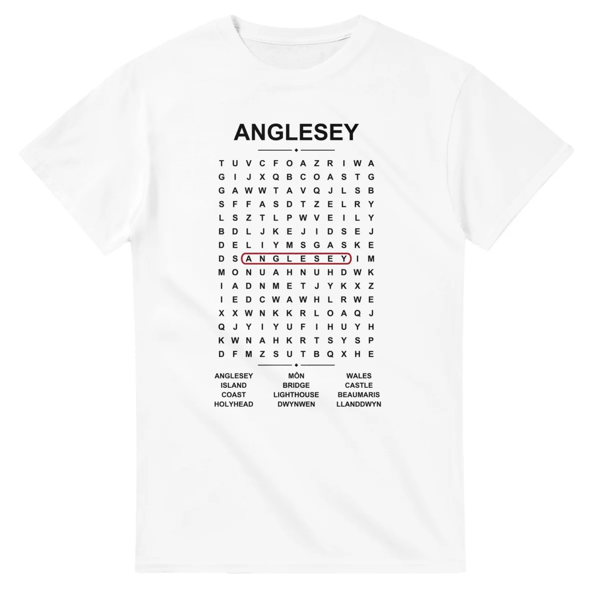 Word-search sheet for Anglesey, with a large place-name heading, a letter grid, a local answer list, and a red highlighted example word.