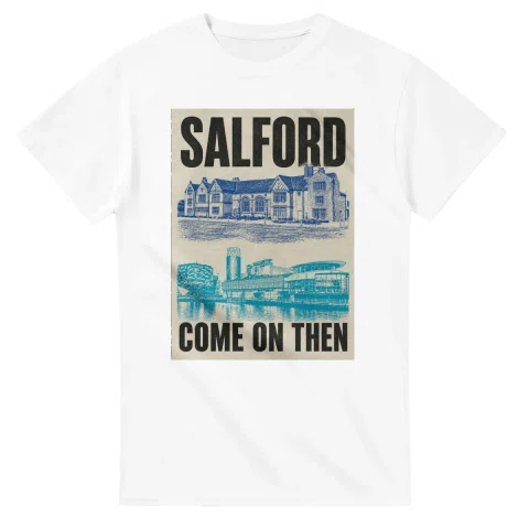 Two-colour scenic illustration for Salford, with the place name and COME ON THEN lettering.