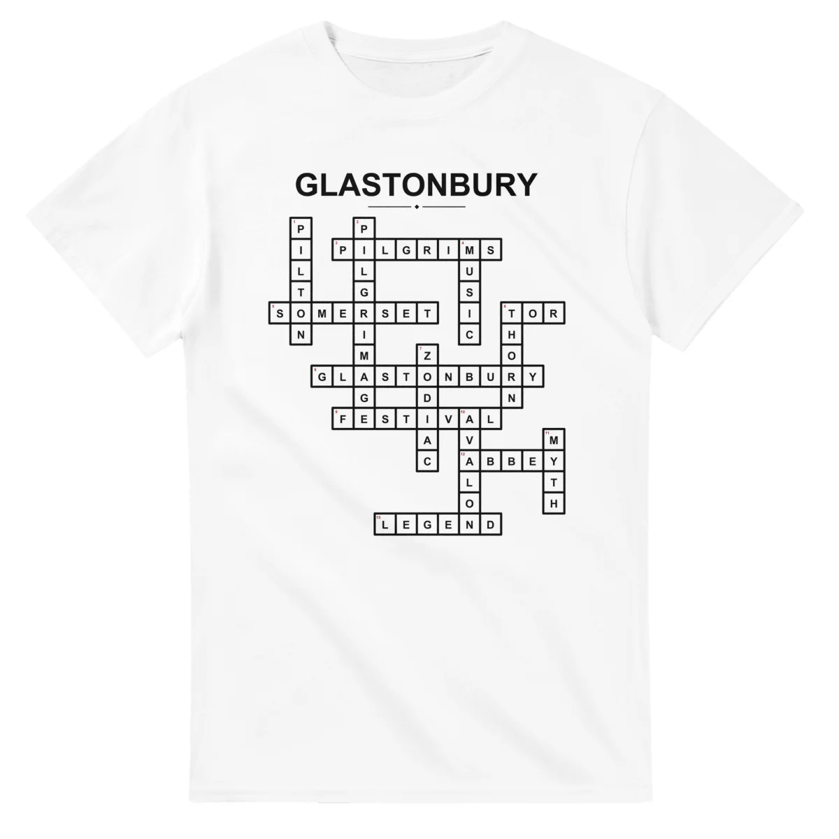 Monochrome crossword sheet for Glastonbury, with a large place-name heading, a letter grid, and numbered across and down clues.