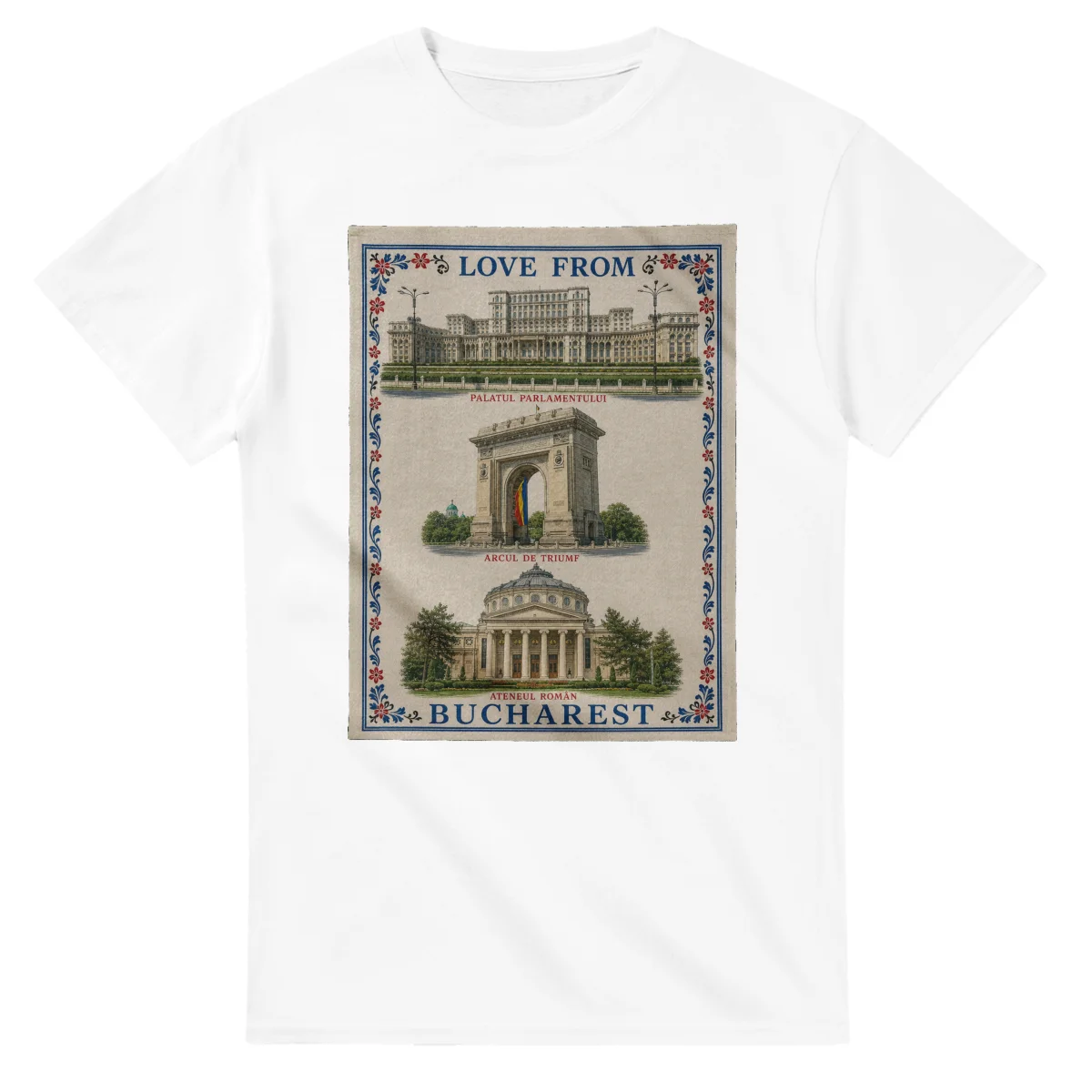 Framed scenic design for Bucharest, with several local views, a decorative border and LOVE FROM lettering.