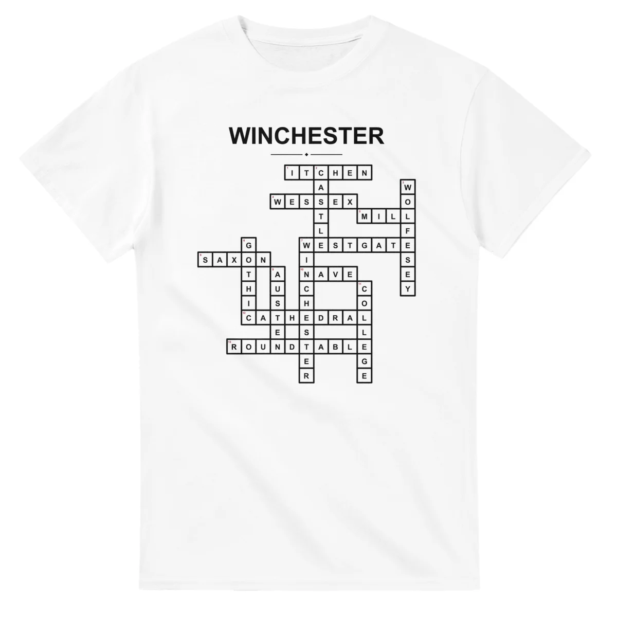 Monochrome crossword sheet for Winchester, with a large place-name heading, a letter grid, and numbered across and down clues.