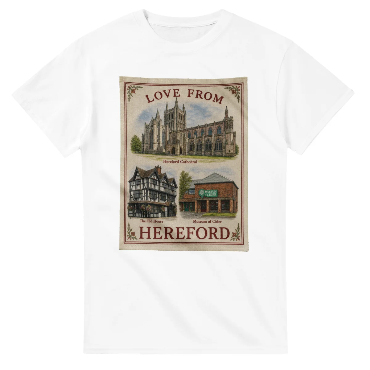 Framed scenic design for Hereford, with several local views, a decorative border and LOVE FROM lettering.