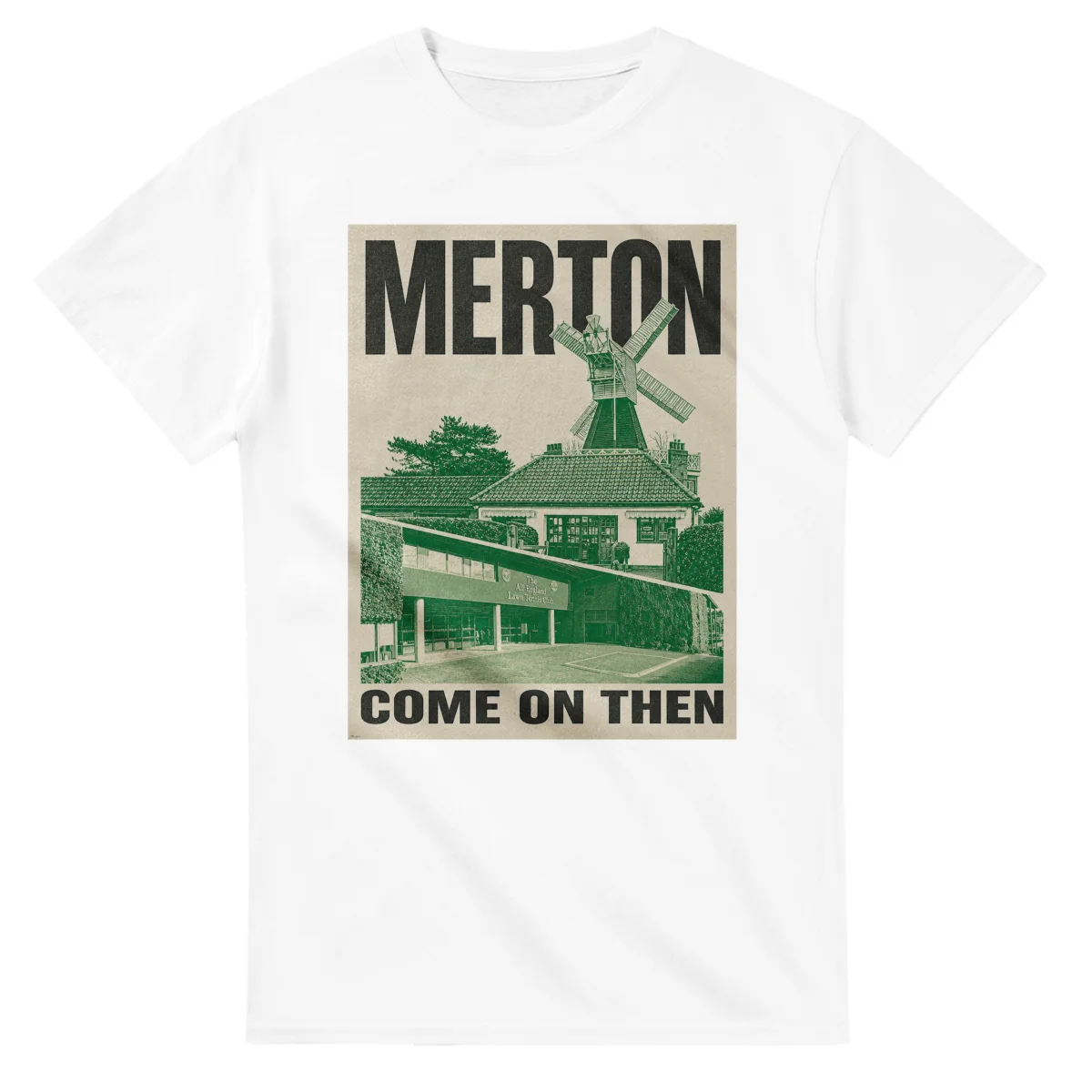 Two-colour scenic illustration for London Borough of Merton, with the place name and COME ON THEN lettering.