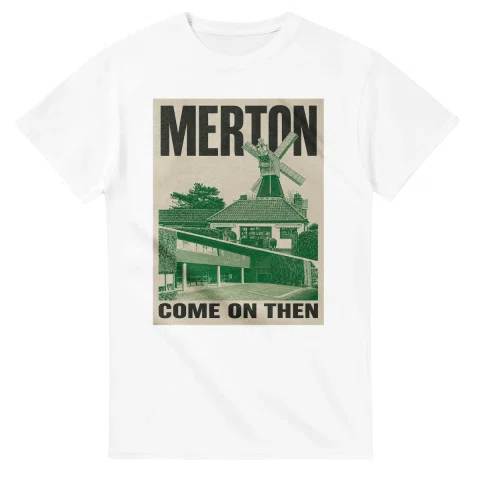 Two-colour scenic illustration for London Borough of Merton, with the place name and COME ON THEN lettering.