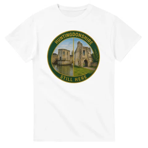 Painted, panelled scenic illustration for Huntingdonshire, with paired local scenes and the place name in lettering.