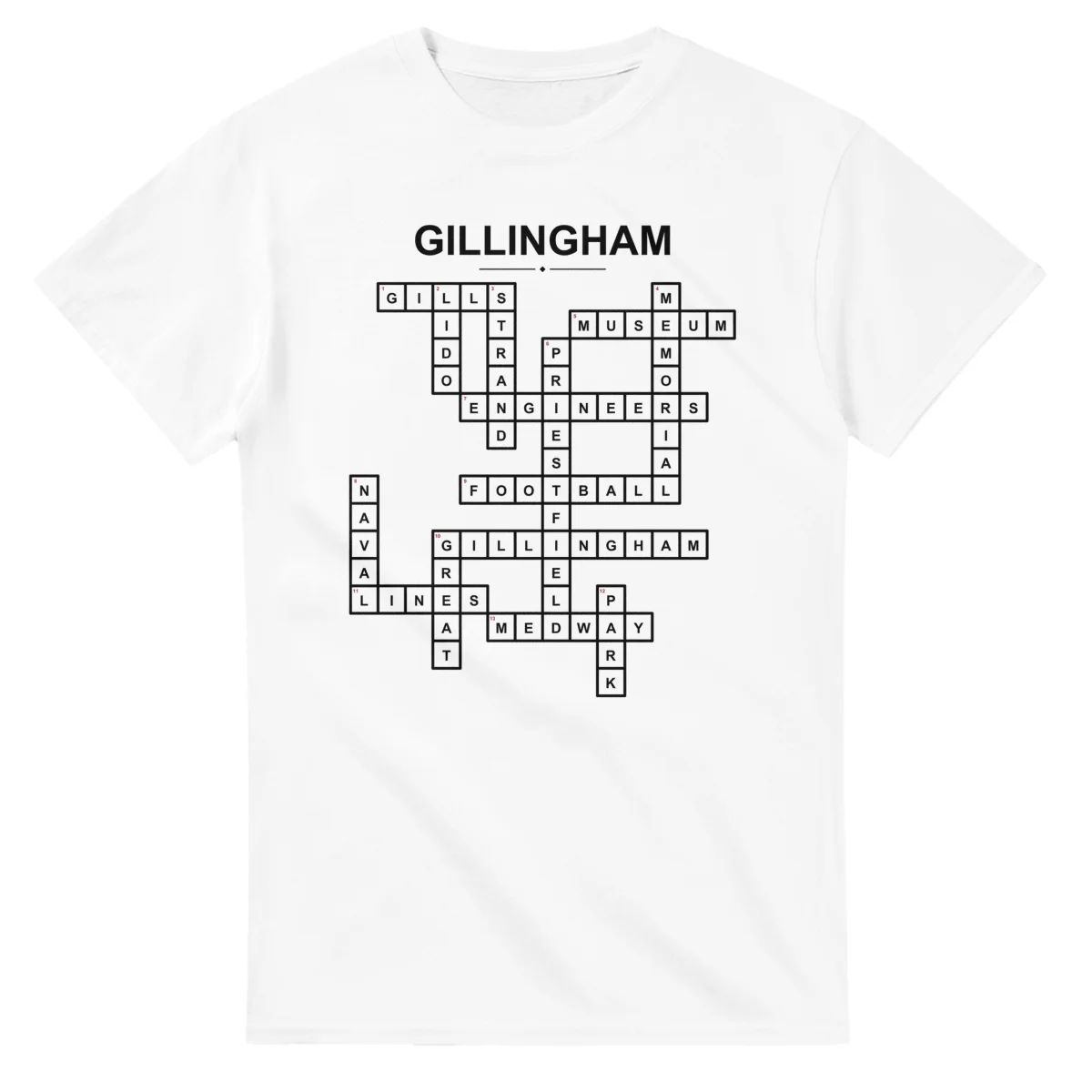 Monochrome crossword sheet for Gillingham, with a large place-name heading, a letter grid, and numbered across and down clues.