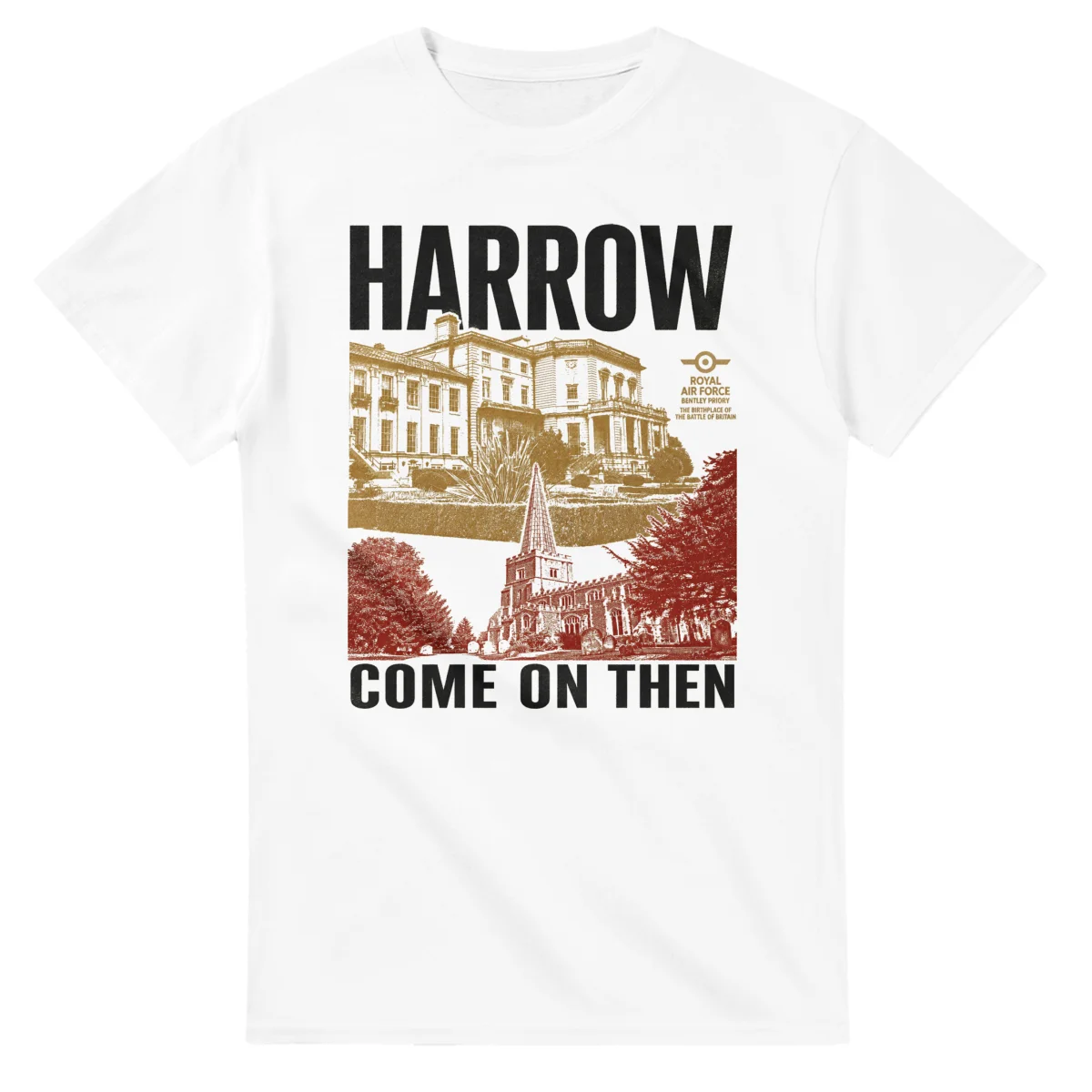 Two-colour scenic illustration for London Borough of Harrow, with the place name and COME ON THEN lettering.