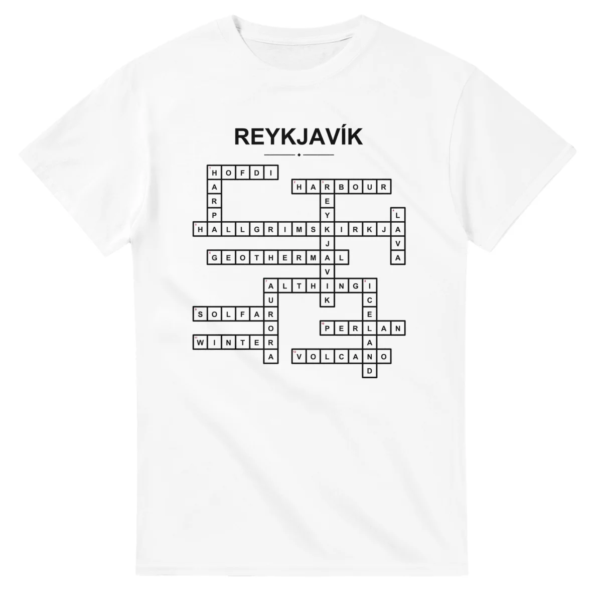 Monochrome crossword sheet for Reykjavík, with a large place-name heading, a letter grid, and numbered across and down clues.