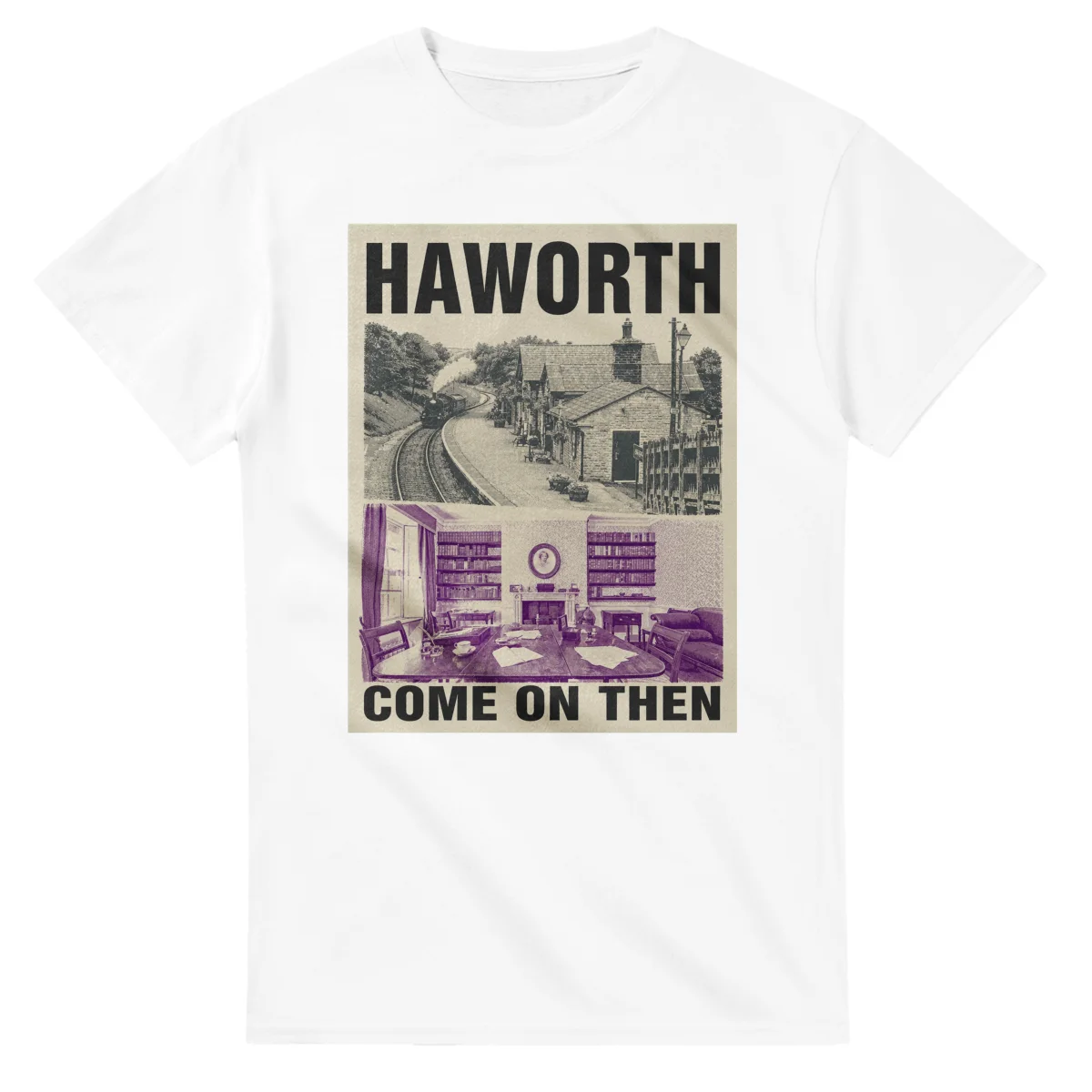 Two-colour scenic illustration for Haworth, with the place name and COME ON THEN lettering.