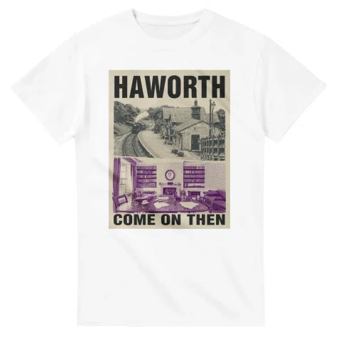 Two-colour scenic illustration for Haworth, with the place name and COME ON THEN lettering.