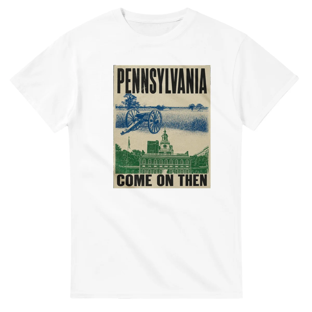 Two-colour scenic illustration for Pennsylvania, with the place name and COME ON THEN lettering.