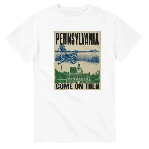 Two-colour scenic illustration for Pennsylvania, with the place name and COME ON THEN lettering.