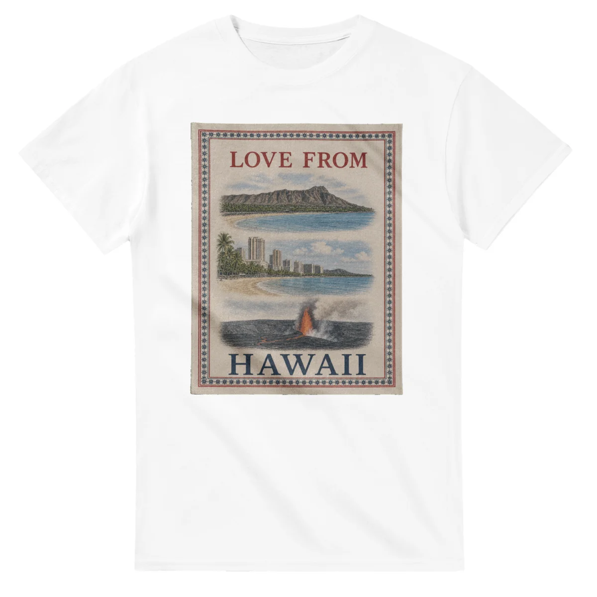 Framed scenic design for Hawaii, with several local views, a decorative border and LOVE FROM lettering.