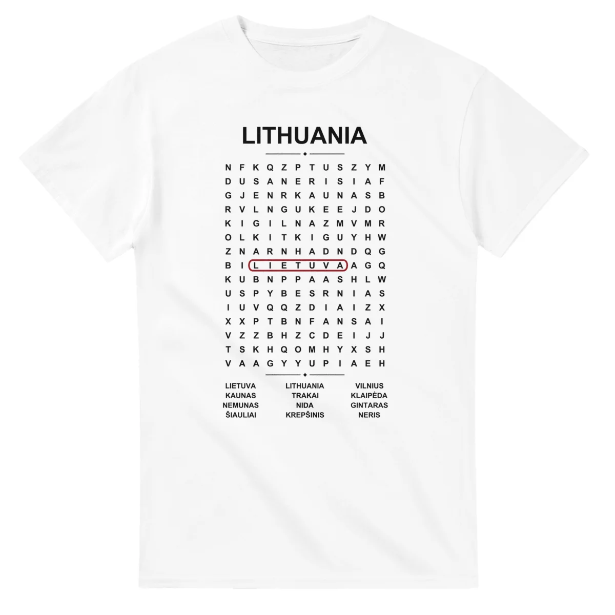 Word-search sheet for Lithuania, with a large place-name heading, a letter grid, a local answer list, and a red highlighted example word.