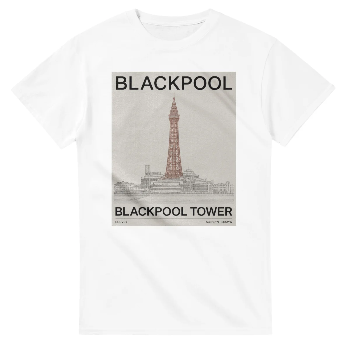 Fine-line engraving-style drawing for Blackpool, with a landmark caption and small coordinate text.