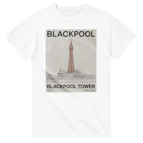 Fine-line engraving-style drawing for Blackpool, with a landmark caption and small coordinate text.