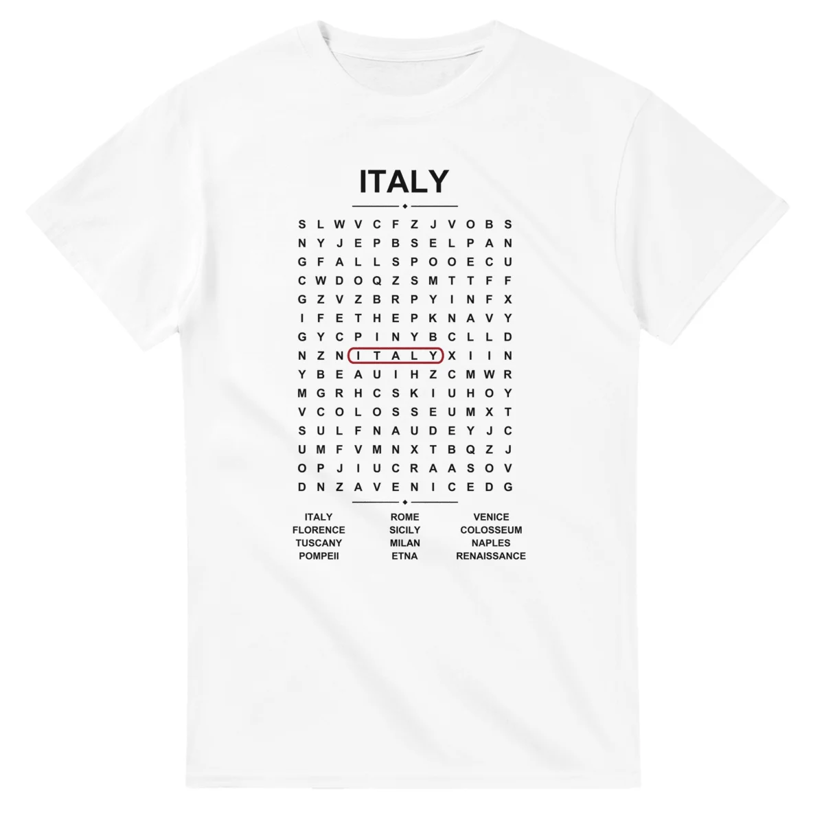 Word-search sheet for Italy, with a large place-name heading, a letter grid, a local answer list, and a red highlighted example word.