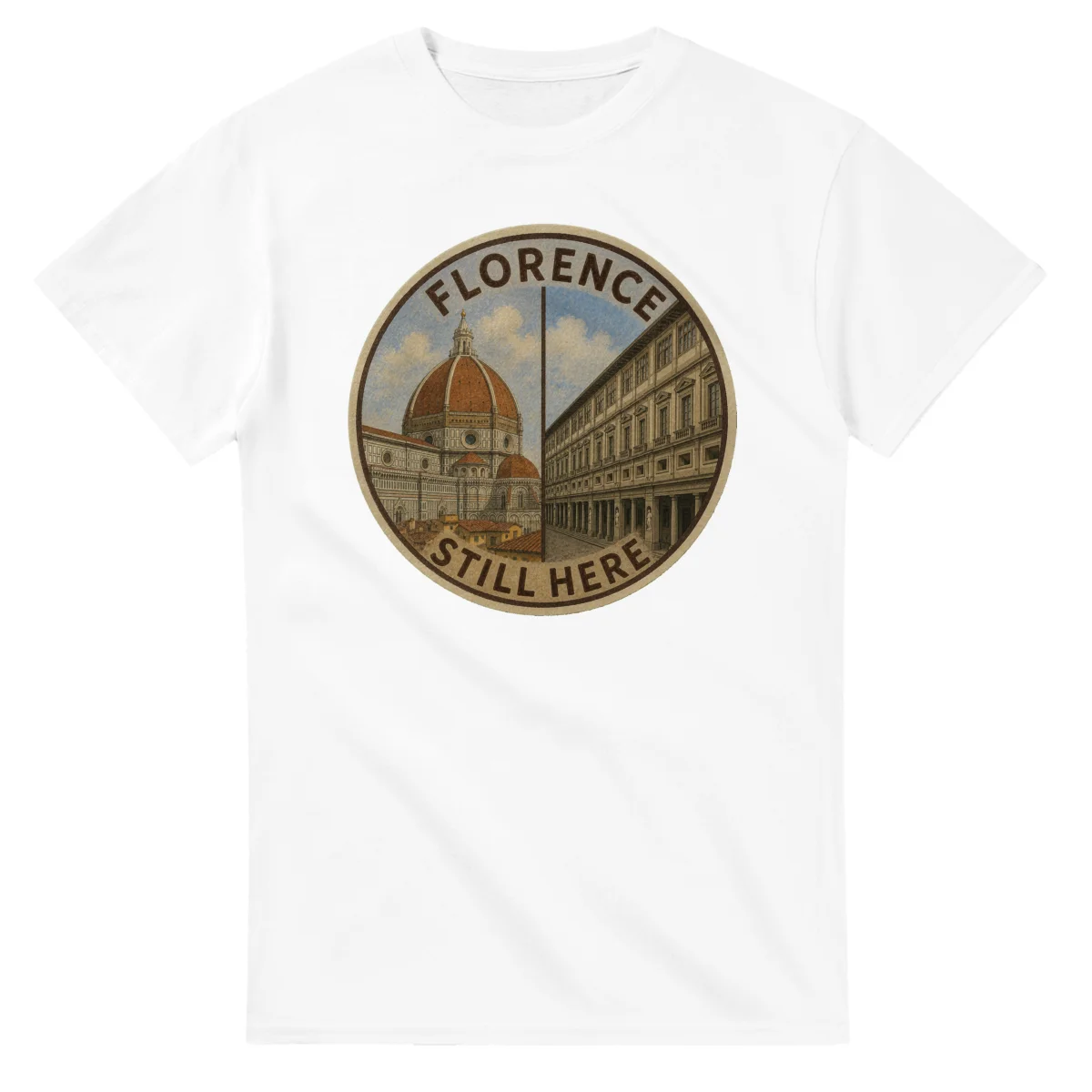 Painted, panelled scenic illustration for Florence, with paired local scenes and the place name in lettering.