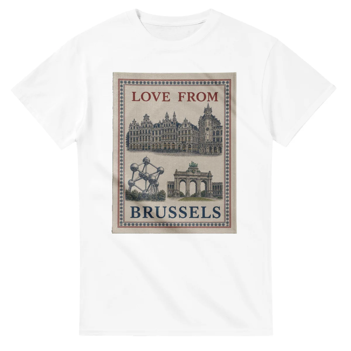 Framed scenic design for Brussels, with several local views, a decorative border and LOVE FROM lettering.