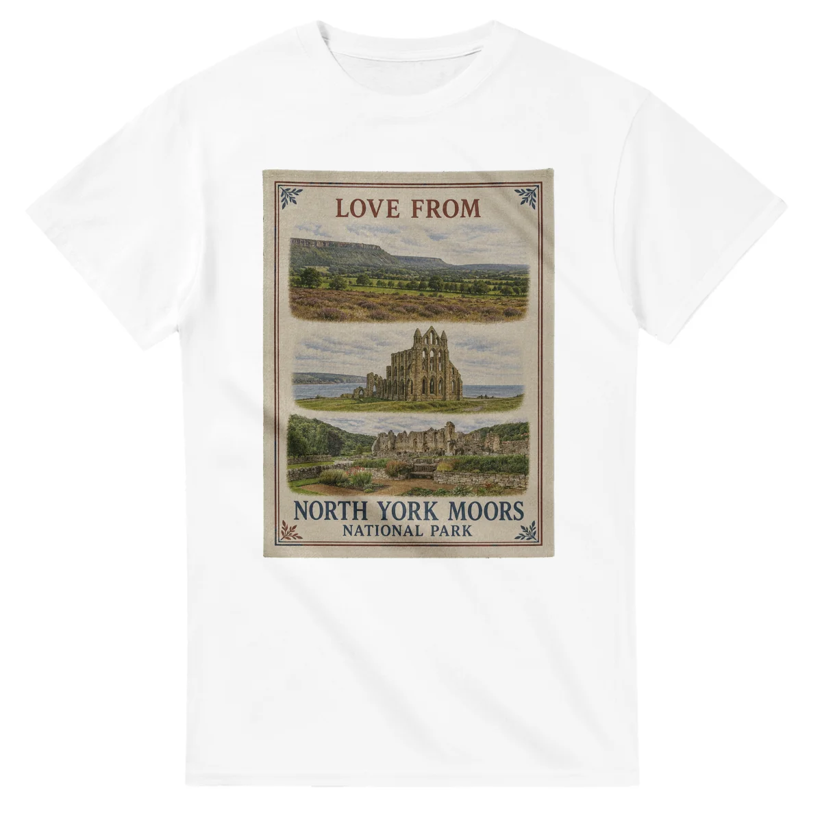 Framed scenic design for North York Moors National Park, with several local views, a decorative border and LOVE FROM lettering.